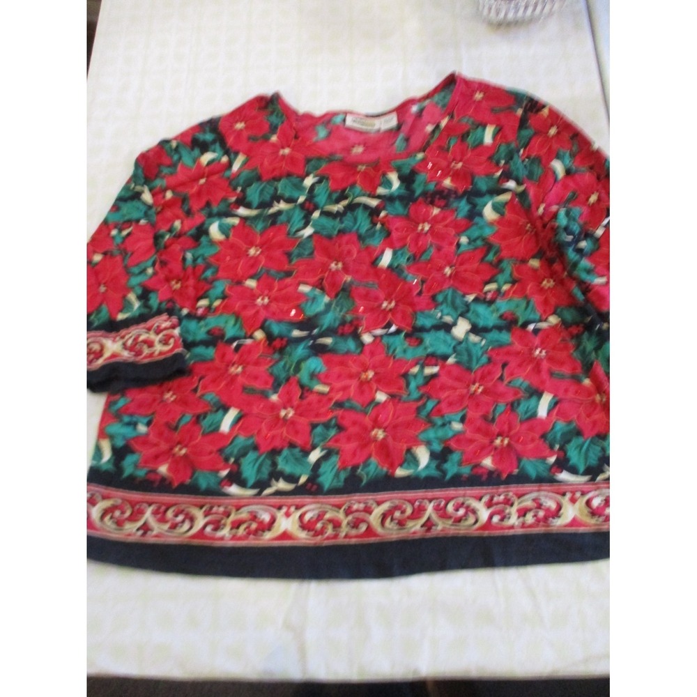 Collections etc T-shirt Womens XXL Poinsettia Floral Holiday Sequins 3/4 Sleeve